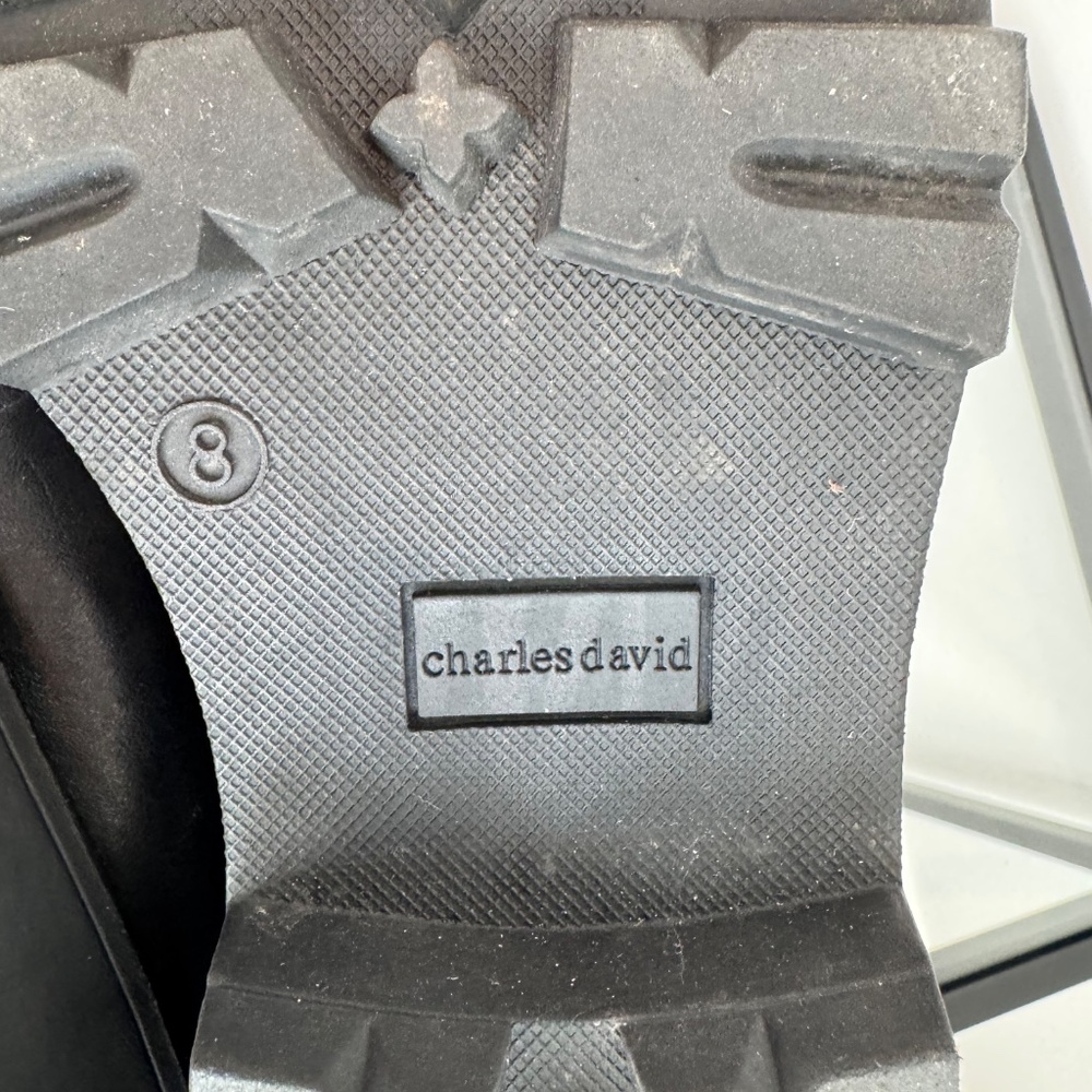 CHARLES DAVID Leather Black Combat Boots Faux Fur Trim Size 8 - Picture 12 of 14
